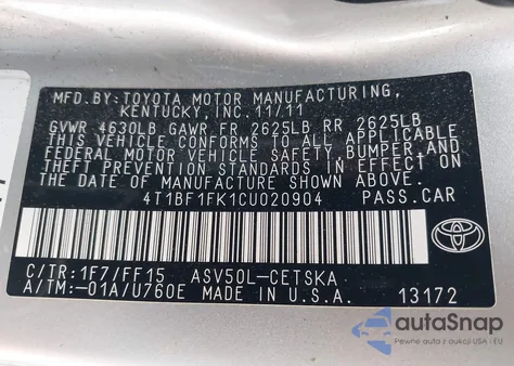2012 Toyota Camry Se from USA, damaged, VIN 4T1BF1FK1CU020904